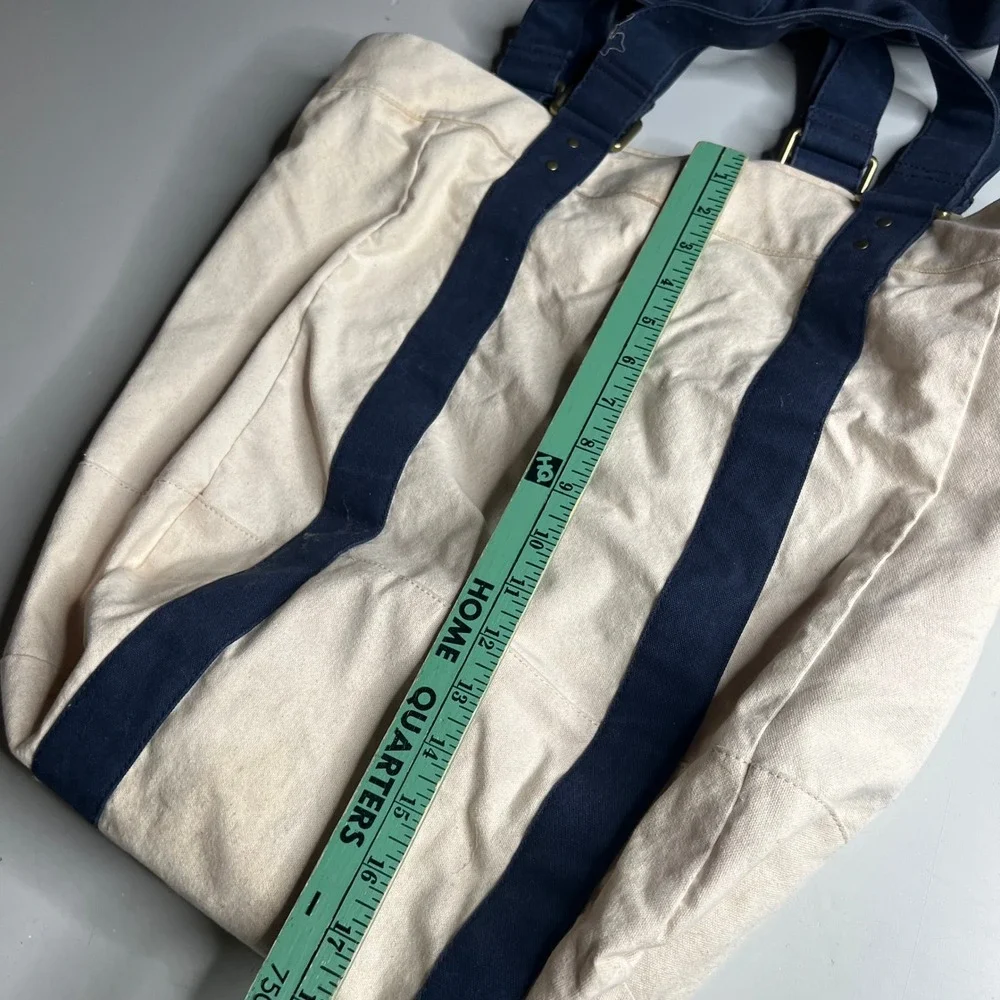 J.Crew Canvas Tote Bag Cream Navy Blue AH604 Large Travel Beach Carryall
